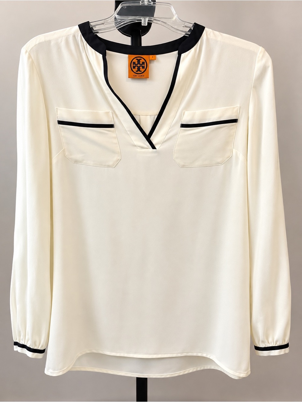 Tory Burch Cream V-Neck Blouse with Black Trim